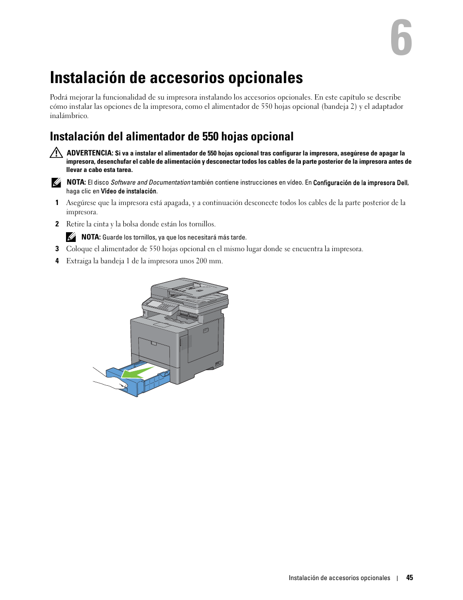 Instalación de accesorios opcionales, Instalación del alimentador de 550 hojas opcional, 6 instalación de accesorios opcionales | Dell C2665dnf Color Laser Printer User Manual | Page 47 / 614