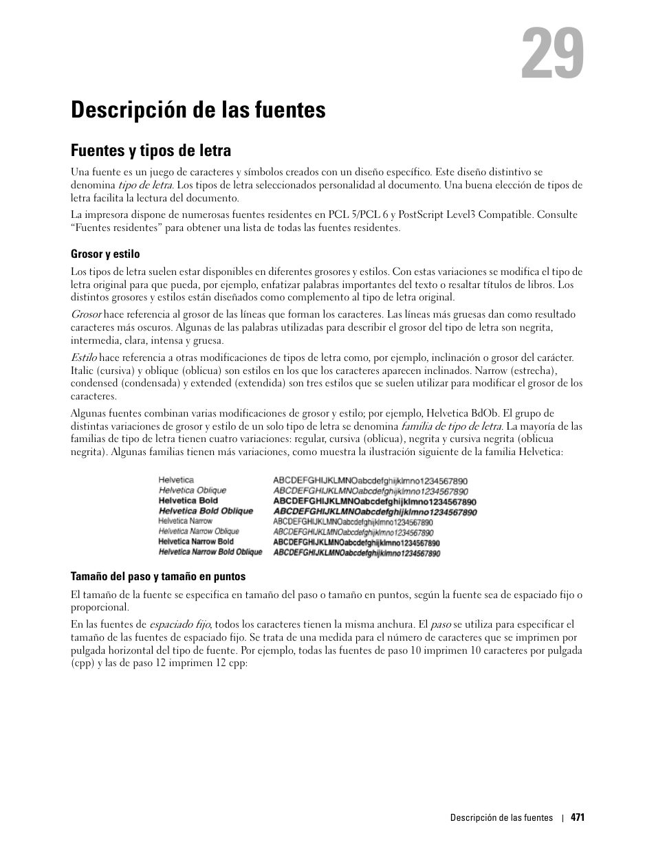 Descripción de las fuentes, Fuentes y tipos de letra, Grosor y estilo | Tamaño del paso y tamaño en puntos, 29 descripción de las fuentes | Dell C2665dnf Color Laser Printer User Manual | Page 473 / 614