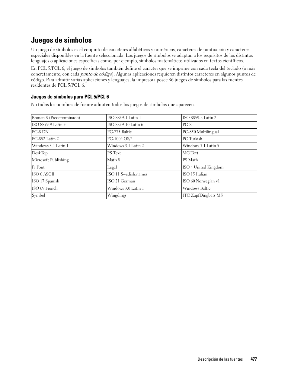 Juegos de símbolos, Juegos de símbolos para pcl 5/pcl 6 | Dell C2665dnf Color Laser Printer User Manual | Page 479 / 614