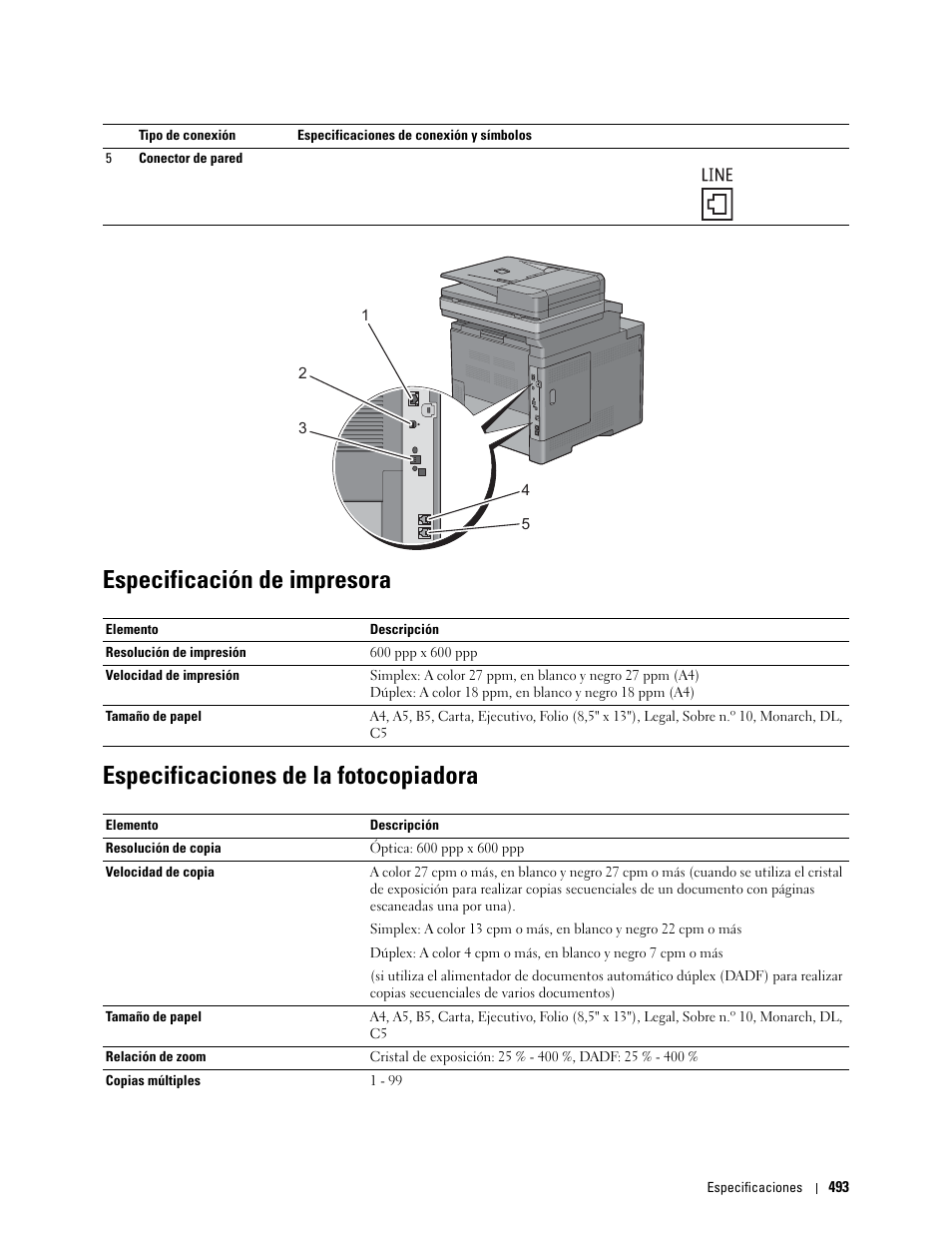 Especificación de impresora, Especificaciones de la fotocopiadora | Dell C2665dnf Color Laser Printer User Manual | Page 495 / 614