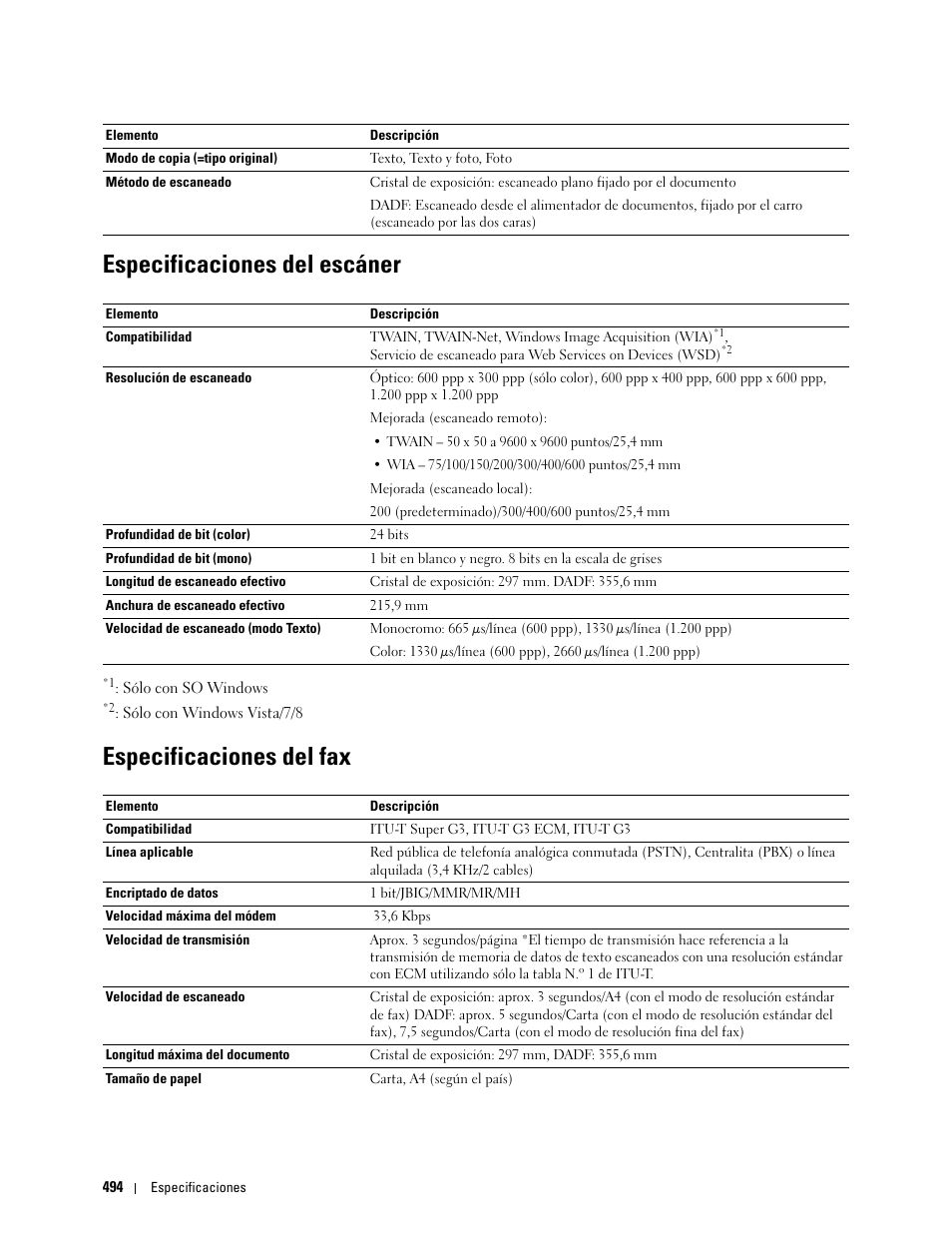 Especificaciones del escáner, Especificaciones del fax | Dell C2665dnf Color Laser Printer User Manual | Page 496 / 614