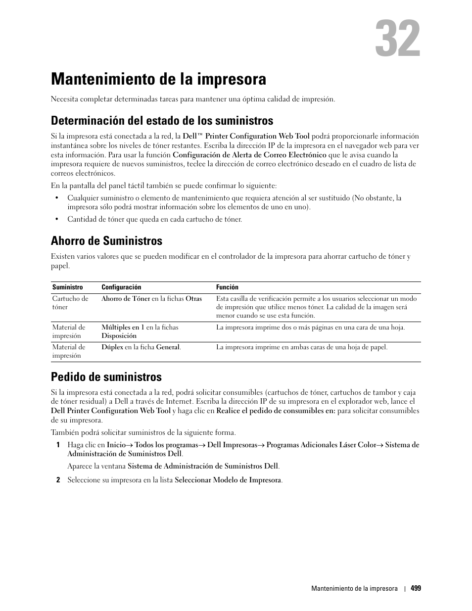 Mantenimiento de la impresora, Determinación del estado de los suministros, Ahorro de suministros | Pedido de suministros | Dell C2665dnf Color Laser Printer User Manual | Page 501 / 614