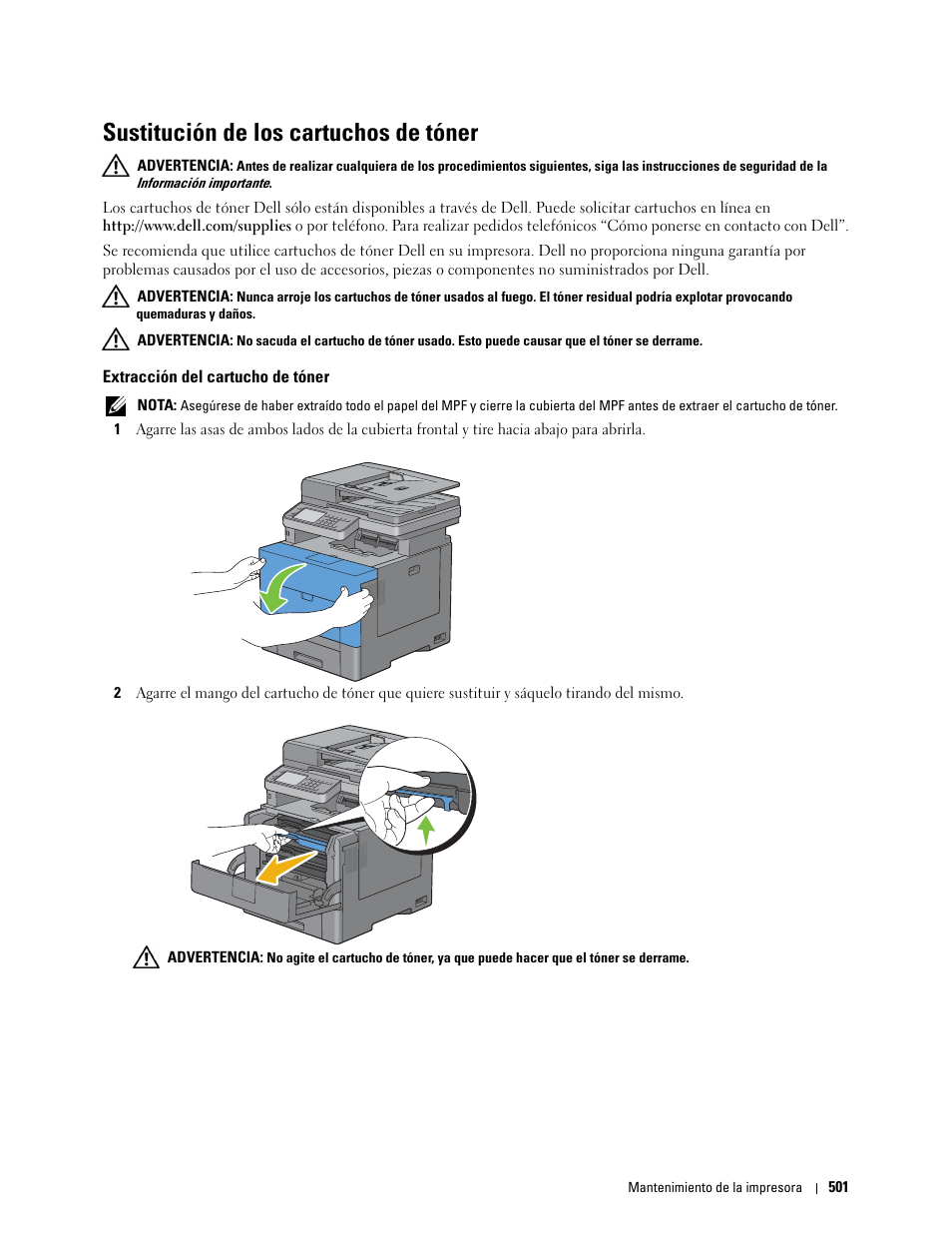 Sustitución de los cartuchos de tóner, Extracción del cartucho de tóner, Ulte “sustitución de los cartuchos de tóner | Consulte “sustitución de los cartuchos de, Tóner | Dell C2665dnf Color Laser Printer User Manual | Page 503 / 614