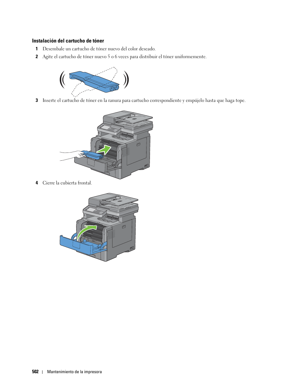 Instalación del cartucho de tóner | Dell C2665dnf Color Laser Printer User Manual | Page 504 / 614