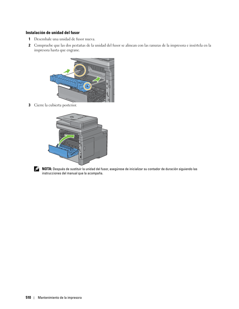 Instalación de unidad del fusor | Dell C2665dnf Color Laser Printer User Manual | Page 512 / 614