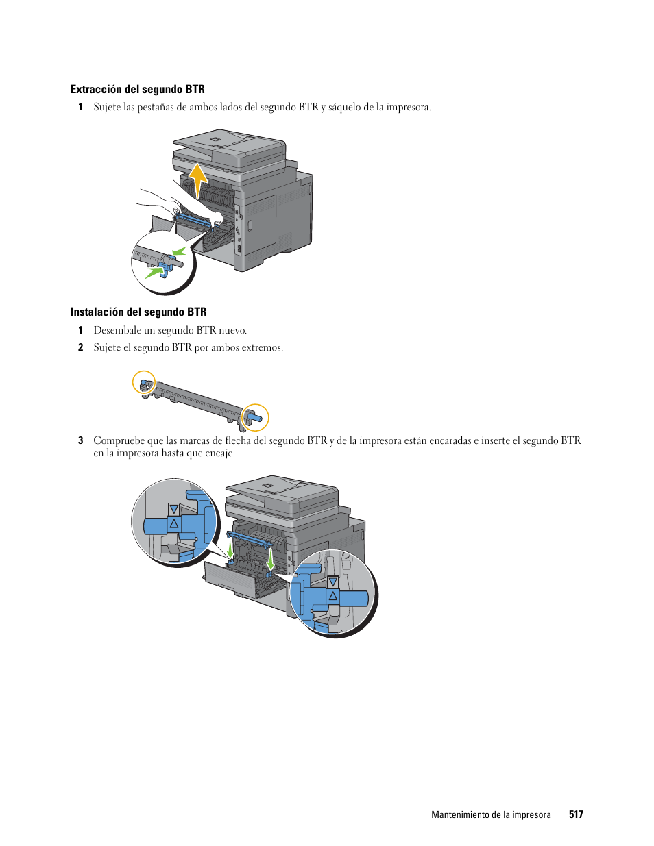 Extracción del segundo btr, Instalación del segundo btr | Dell C2665dnf Color Laser Printer User Manual | Page 519 / 614