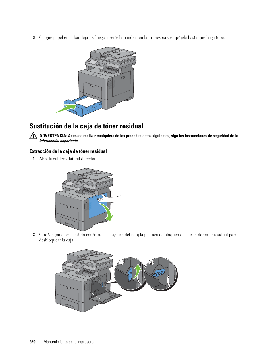 Sustitución de la caja de tóner residual, Extracción de la caja de tóner residual, Te “sustitución de la caja de tóner residual | Dell C2665dnf Color Laser Printer User Manual | Page 522 / 614