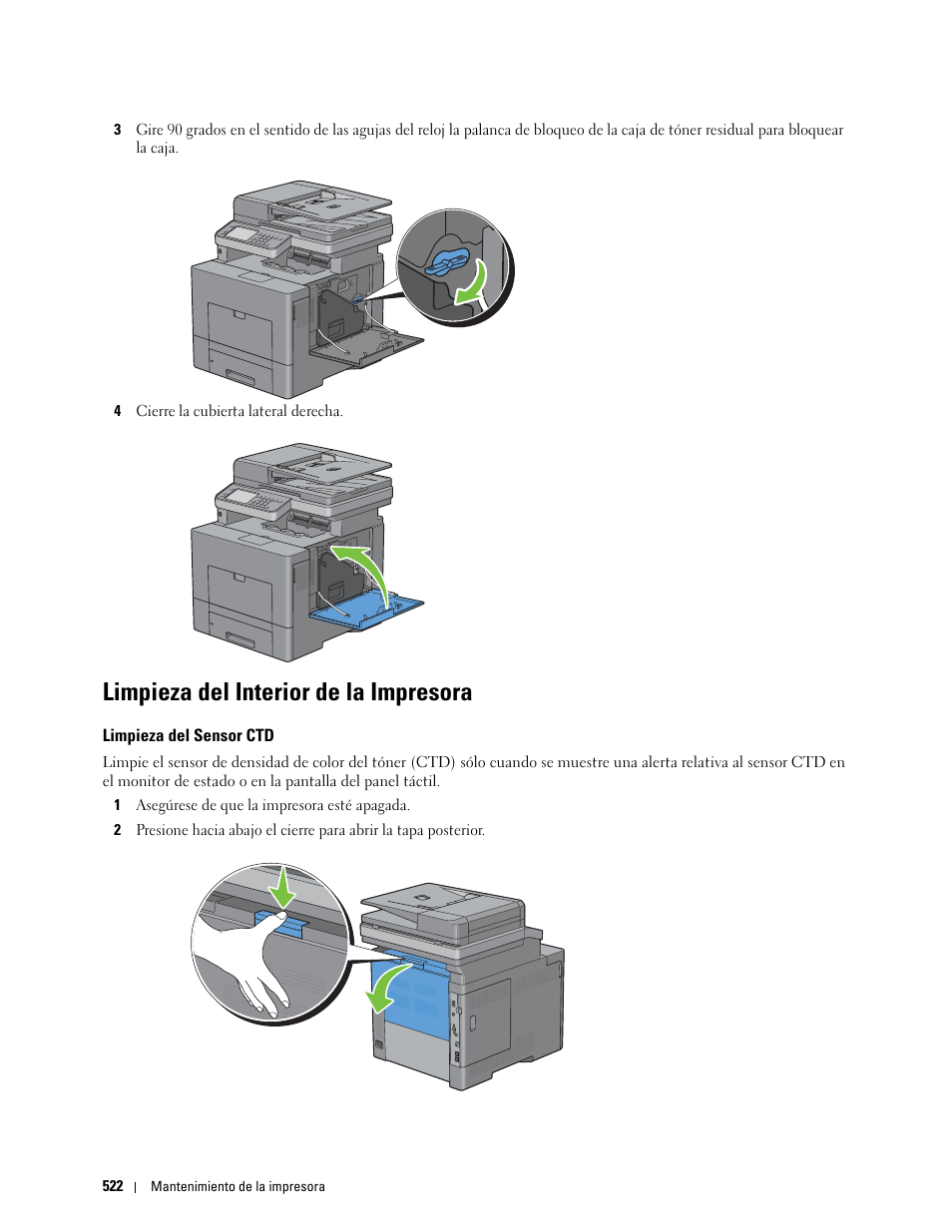 Limpieza del interior de la impresora, Limpieza del sensor ctd | Dell C2665dnf Color Laser Printer User Manual | Page 524 / 614