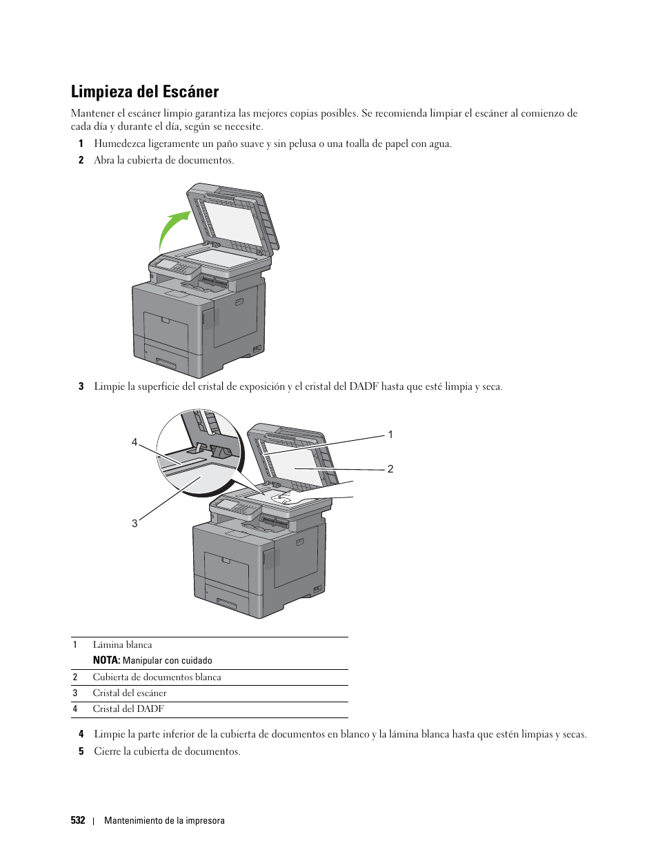 Limpieza del escáner | Dell C2665dnf Color Laser Printer User Manual | Page 534 / 614