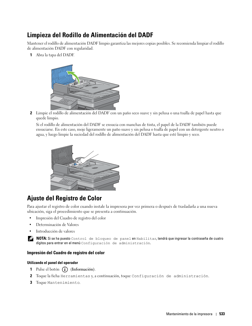 Limpieza del rodillo de alimentación del dadf, Ajuste del registro de color, Impresión del cuadro de registro del color | Dell C2665dnf Color Laser Printer User Manual | Page 535 / 614