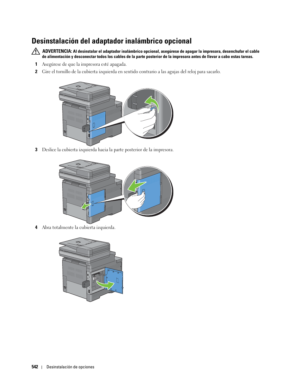 Desinstalación del adaptador inalámbrico opcional | Dell C2665dnf Color Laser Printer User Manual | Page 544 / 614