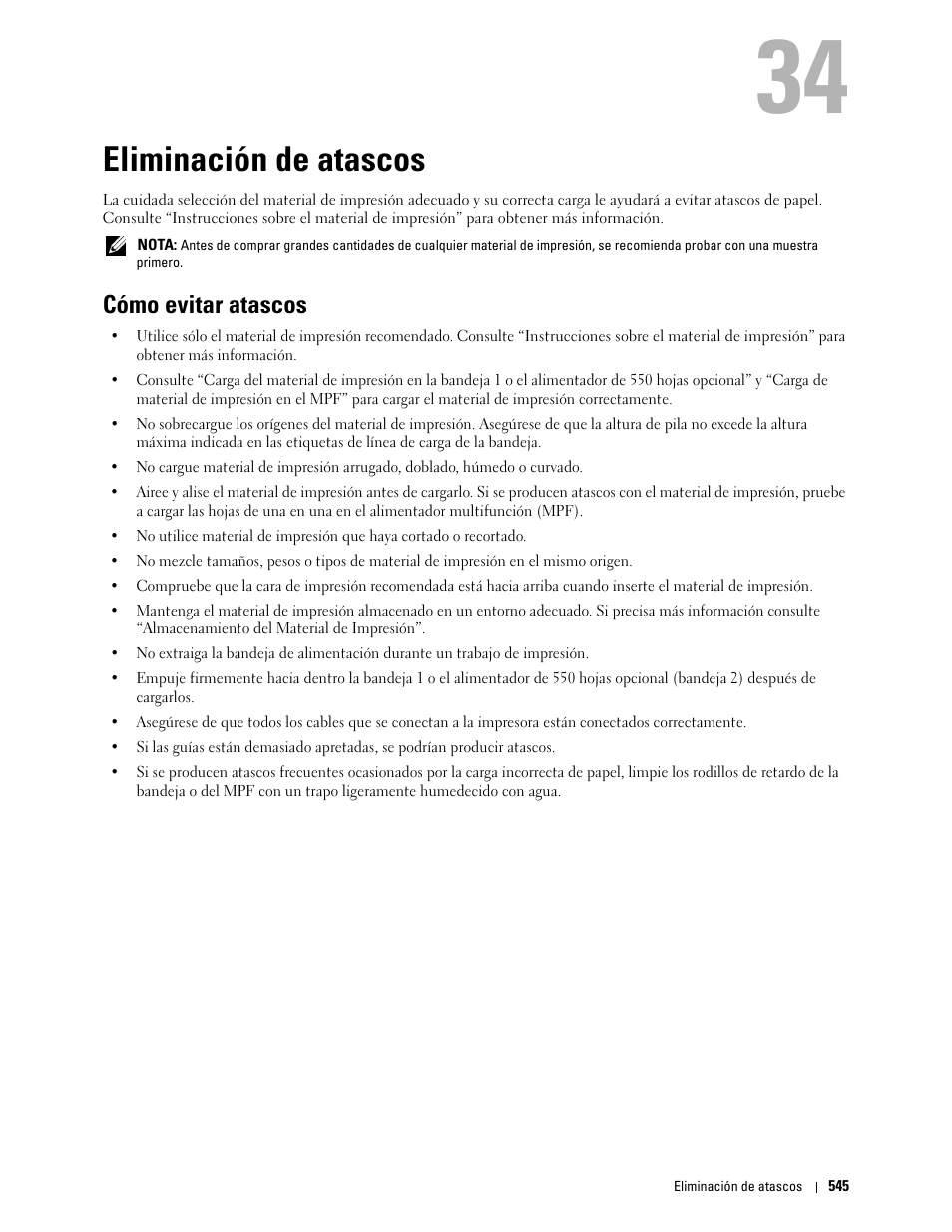 Eliminación de atascos, Cómo evitar atascos | Dell C2665dnf Color Laser Printer User Manual | Page 547 / 614