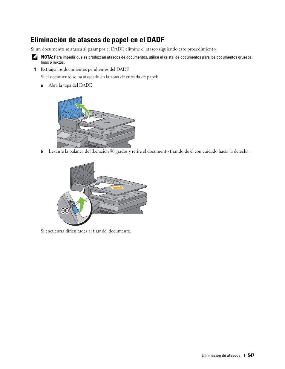 Eliminación de atascos de papel en el dadf | Dell C2665dnf Color Laser Printer User Manual | Page 549 / 614