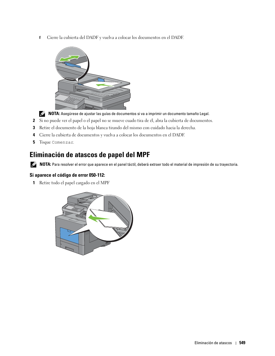 Eliminación de atascos de papel del mpf, Si aparece el código de error 050-112 | Dell C2665dnf Color Laser Printer User Manual | Page 551 / 614