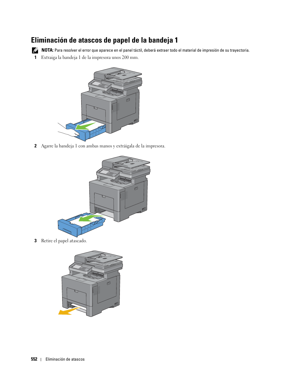 Eliminación de atascos de papel de la bandeja 1 | Dell C2665dnf Color Laser Printer User Manual | Page 554 / 614