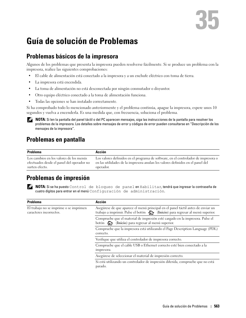 Guía de solución de problemas, Problemas básicos de la impresora, Problemas en pantalla | Problemas de impresión, Problemas en pantalla problemas de impresión | Dell C2665dnf Color Laser Printer User Manual | Page 565 / 614