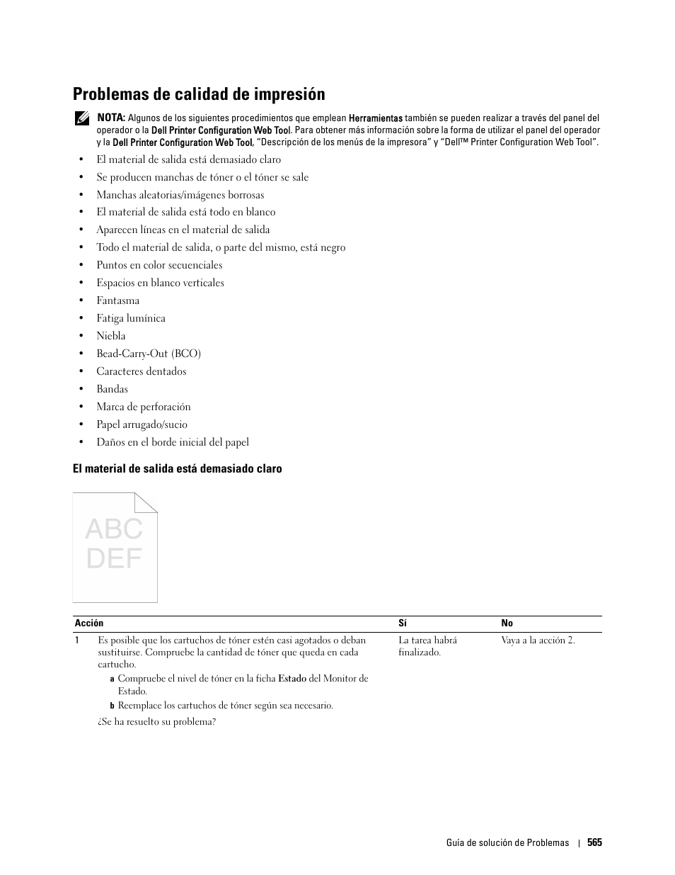 Problemas de calidad de impresión, El material de salida está demasiado claro | Dell C2665dnf Color Laser Printer User Manual | Page 567 / 614