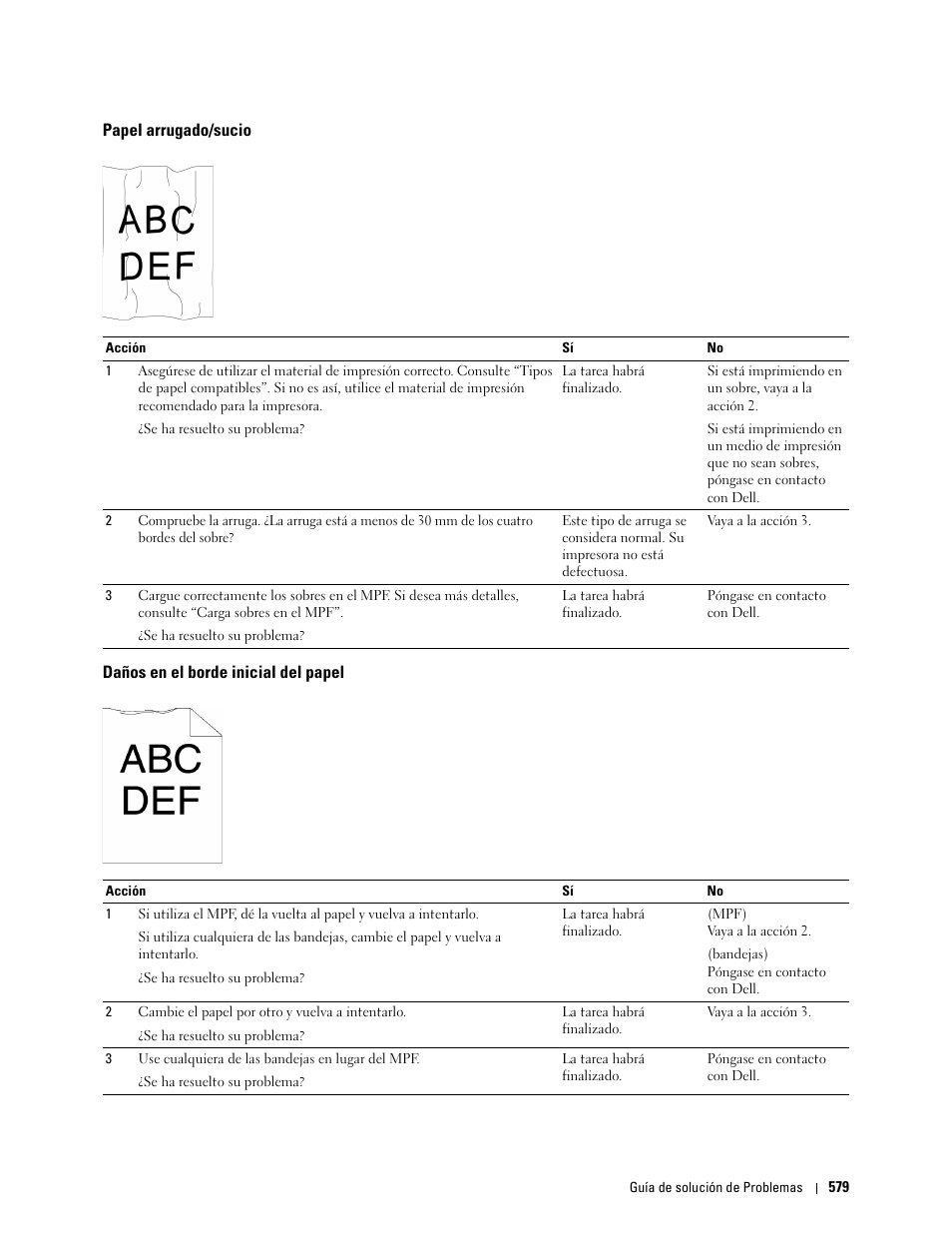 Papel arrugado/sucio, Daños en el borde inicial del papel | Dell C2665dnf Color Laser Printer User Manual | Page 581 / 614