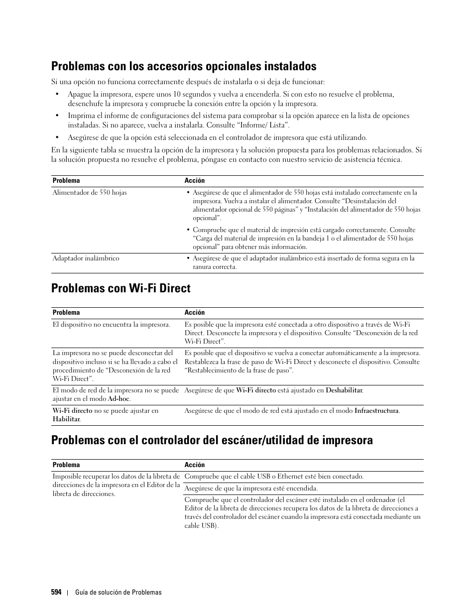 Problemas con los accesorios opcionales instalados, Problemas con wi-fi direct | Dell C2665dnf Color Laser Printer User Manual | Page 596 / 614