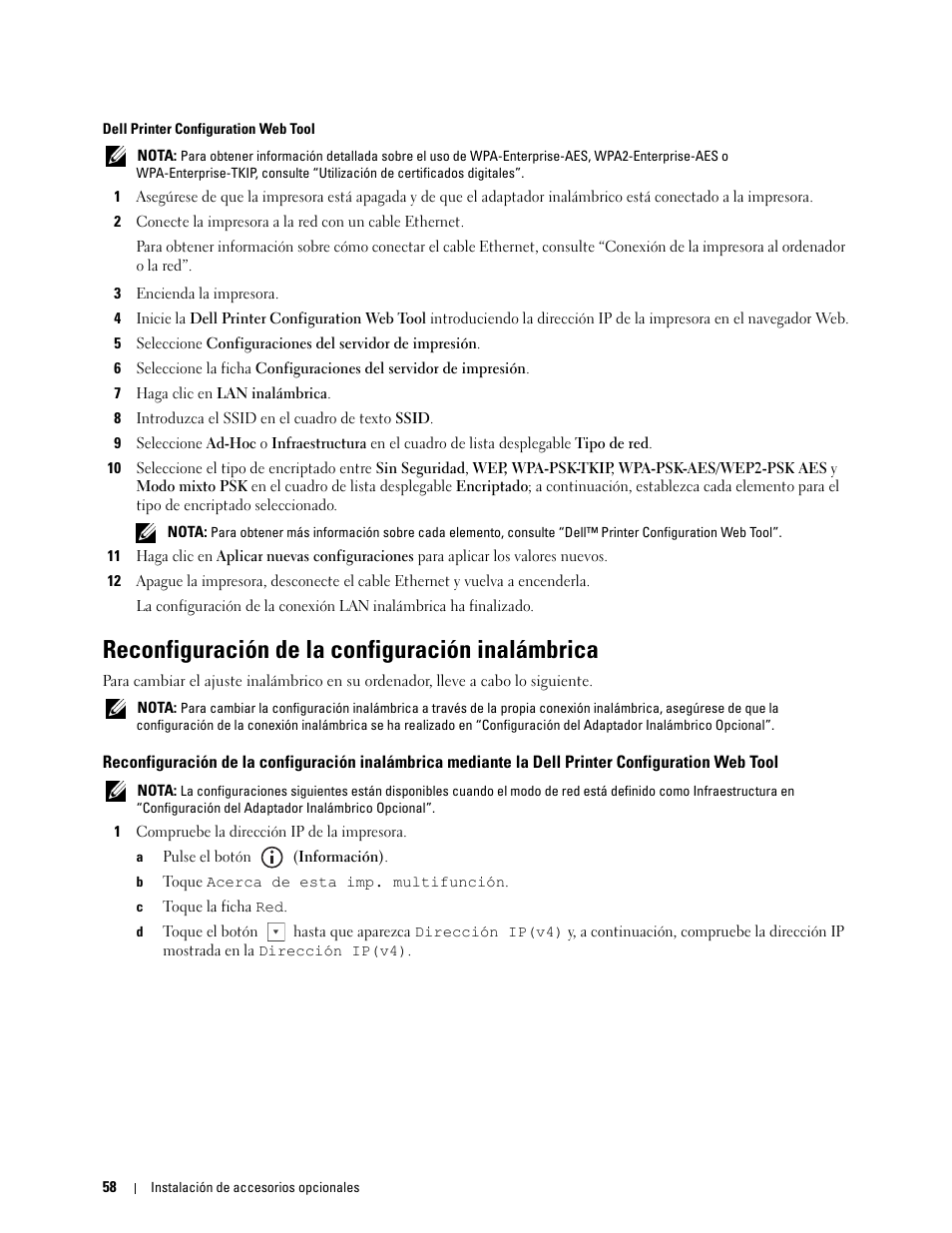 Reconfiguración de la configuración inalámbrica, Configuration web tool, Dell printer configuration web tool | Dell C2665dnf Color Laser Printer User Manual | Page 60 / 614