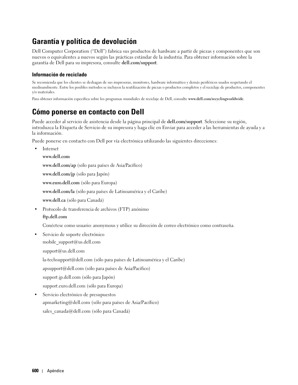 Garantía y política de devolución, Información de reciclado, Cómo ponerse en contacto con dell | Dell C2665dnf Color Laser Printer User Manual | Page 602 / 614