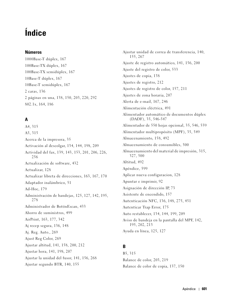 Índice, Números | Dell C2665dnf Color Laser Printer User Manual | Page 603 / 614