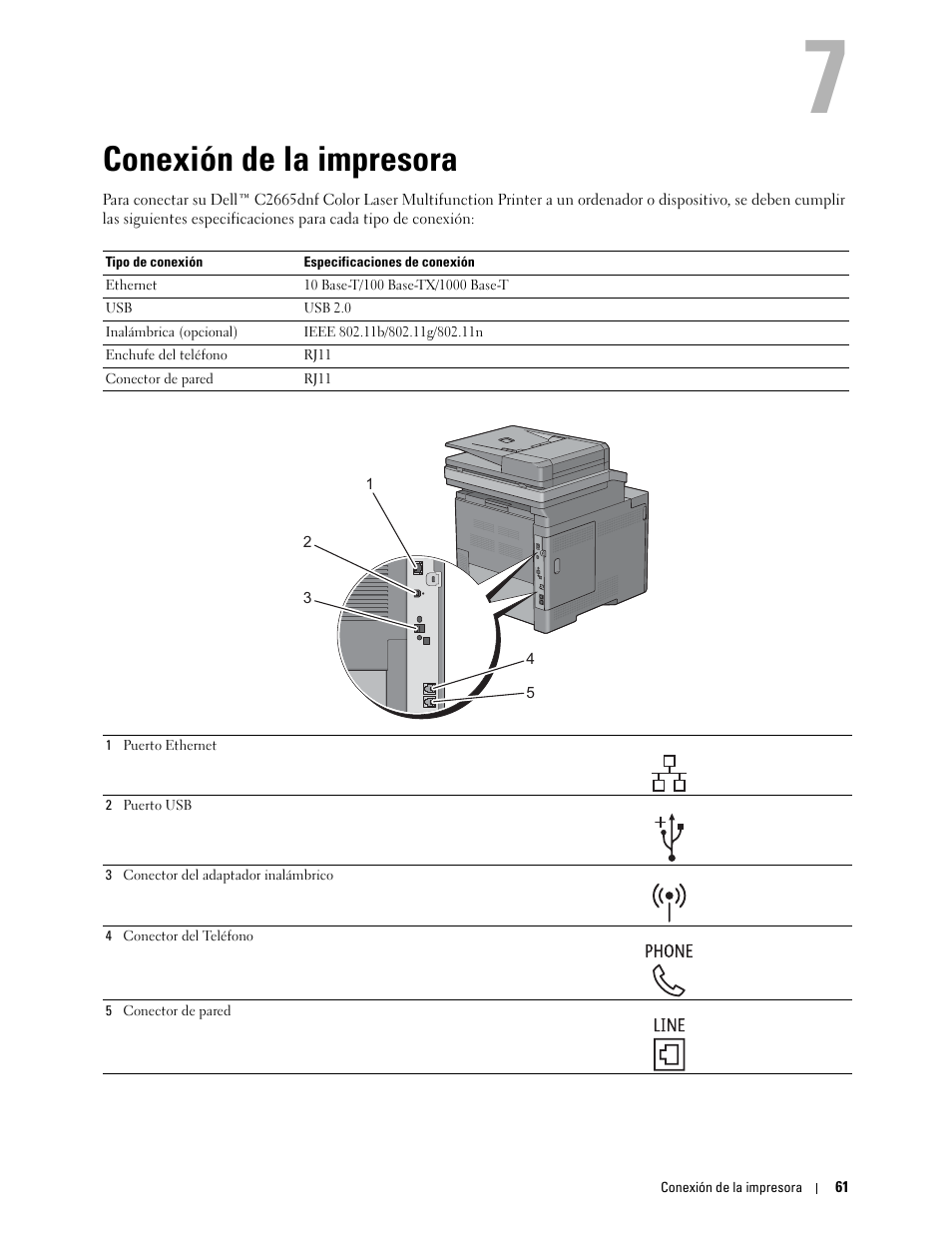 Conexión de la impresora, 7 conexión de la impresora | Dell C2665dnf Color Laser Printer User Manual | Page 63 / 614