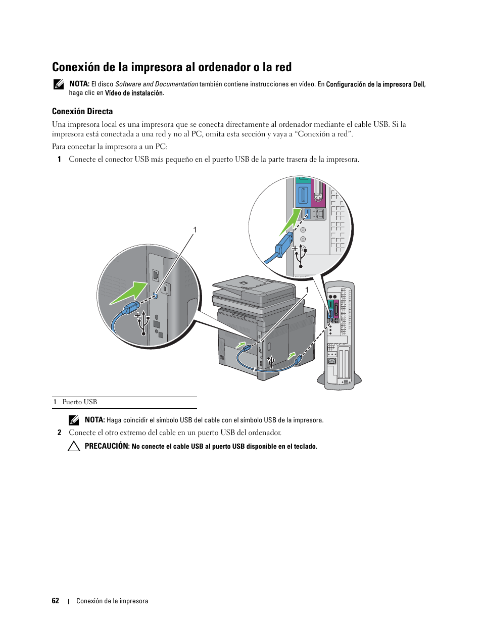 Conexión de la impresora al ordenador o la red, Conexión directa, Conexión de la impresora al ordenador | O la red | Dell C2665dnf Color Laser Printer User Manual | Page 64 / 614