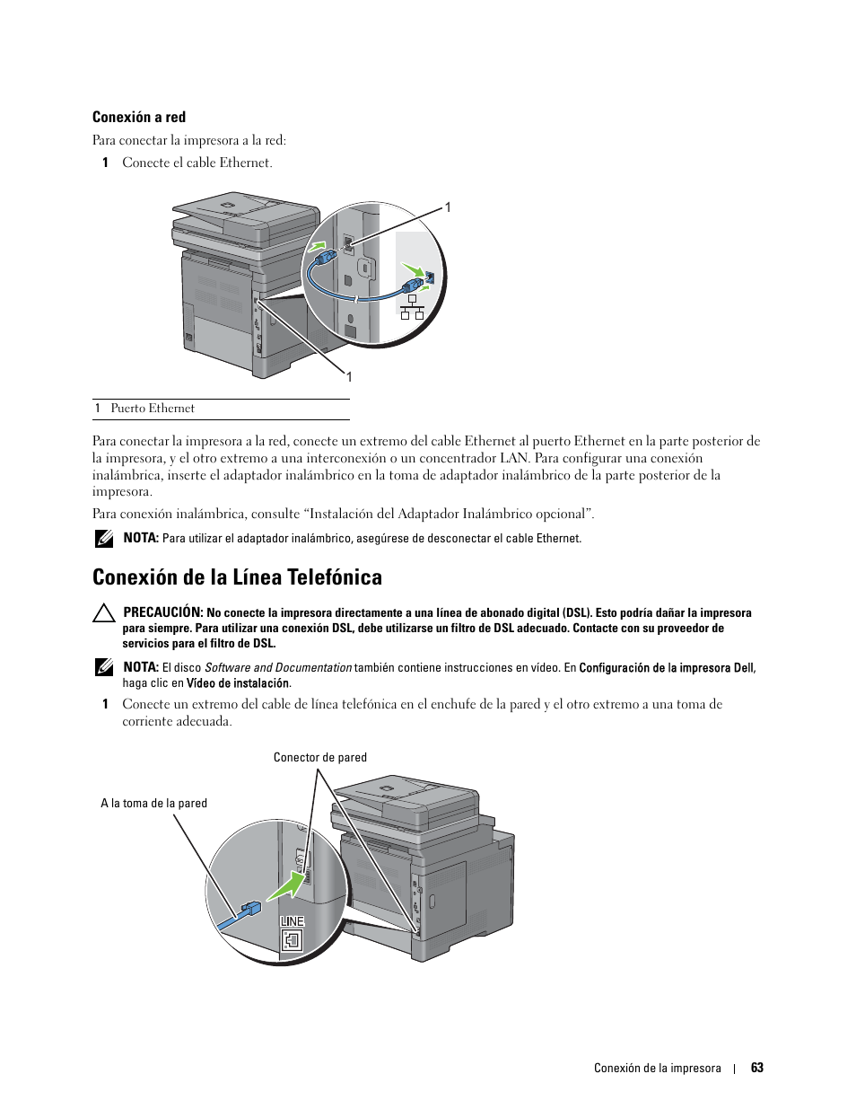 Conexión a red, Conexión de la línea telefónica | Dell C2665dnf Color Laser Printer User Manual | Page 65 / 614