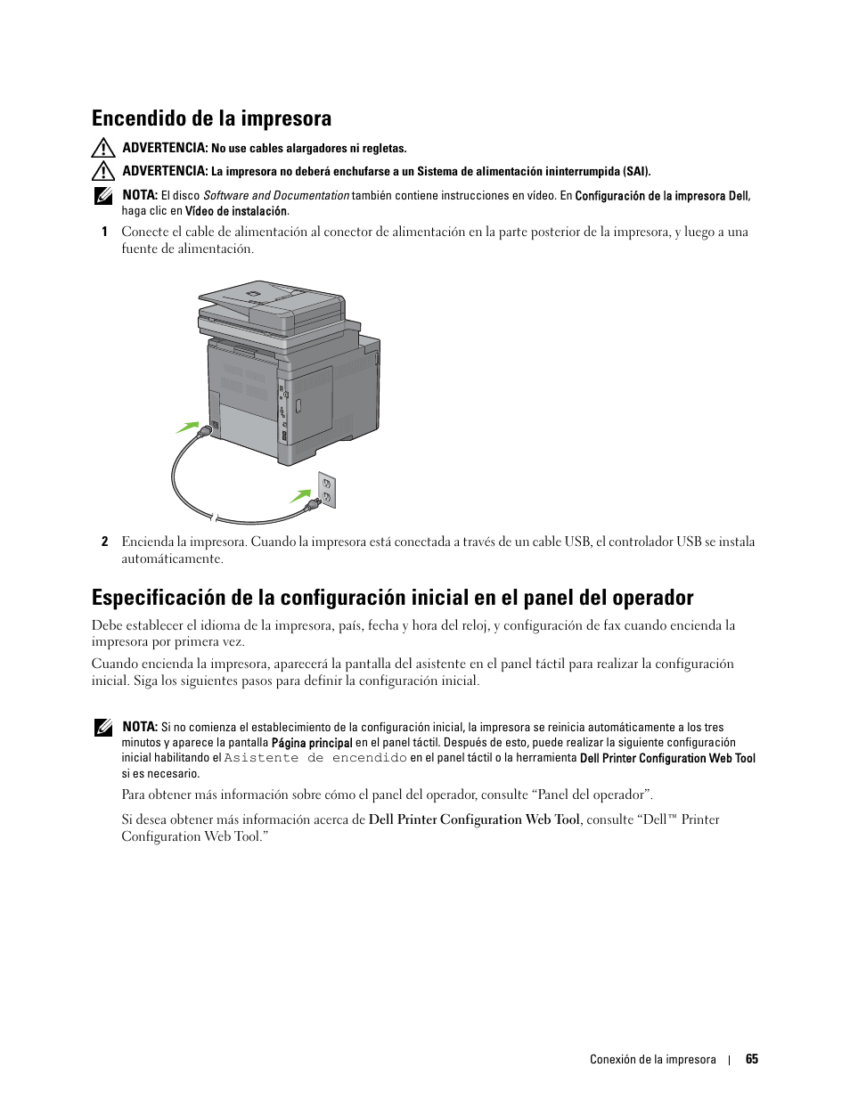 Encendido de la impresora | Dell C2665dnf Color Laser Printer User Manual | Page 67 / 614