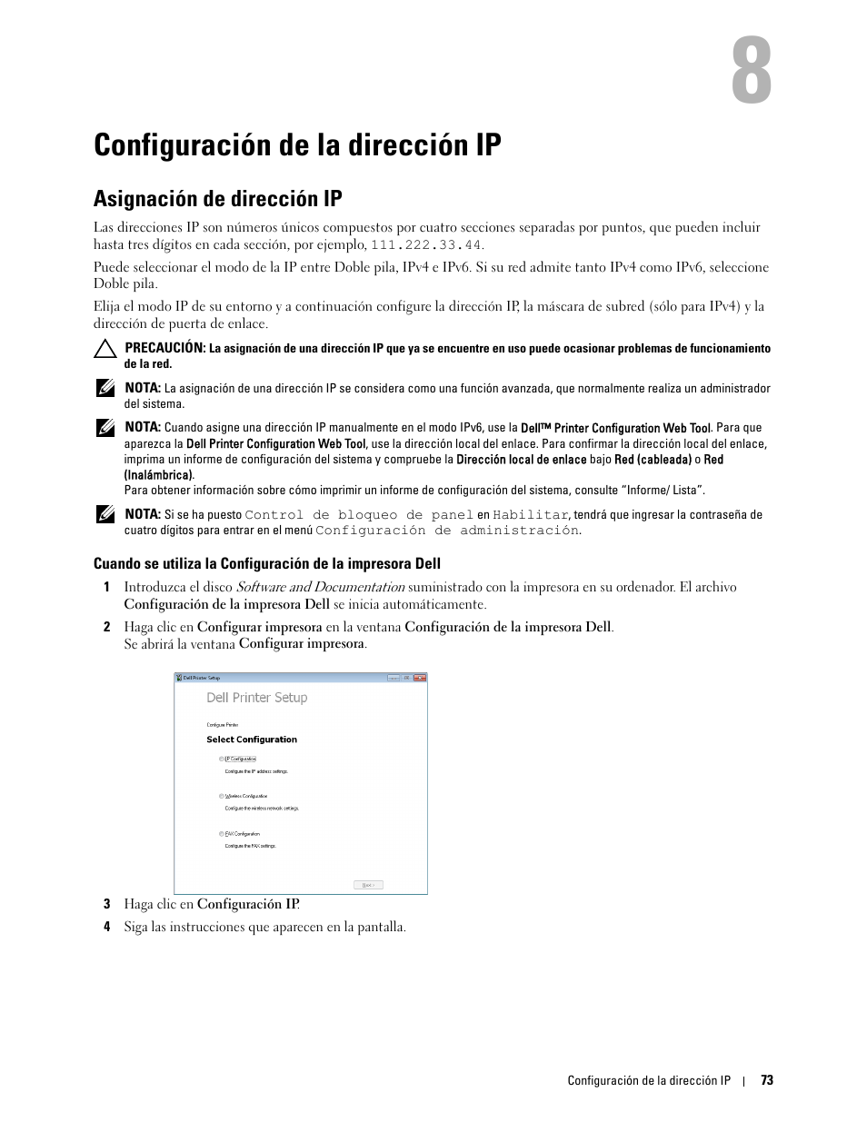 Configuración de la dirección ip, Asignación de dirección ip, 8 configuración de la dirección ip | Dell C2665dnf Color Laser Printer User Manual | Page 75 / 614