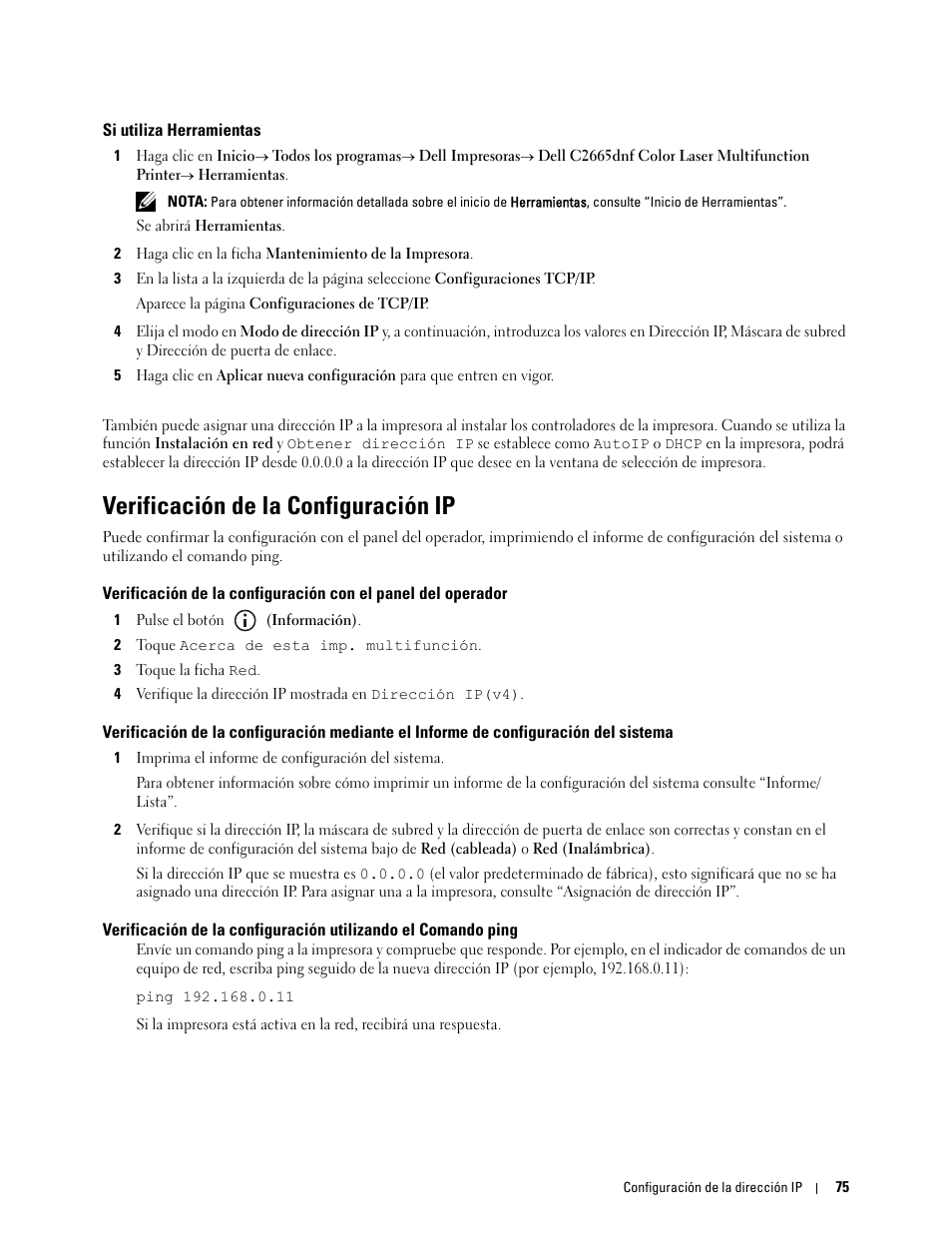 Si utiliza herramientas, Verificación de la configuración ip, Sistema | Dell C2665dnf Color Laser Printer User Manual | Page 77 / 614