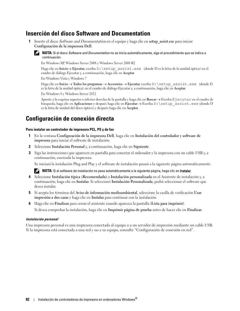 Inserción del disco software and documentation, Configuración de conexión directa | Dell C2665dnf Color Laser Printer User Manual | Page 84 / 614