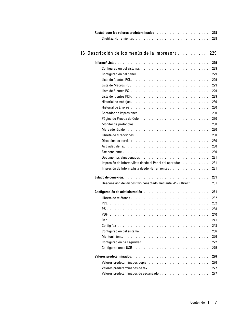 16 descripción de los menús de la impresora 229, 16 descripción de los menús de la impresora | Dell C2665dnf Color Laser Printer User Manual | Page 9 / 614