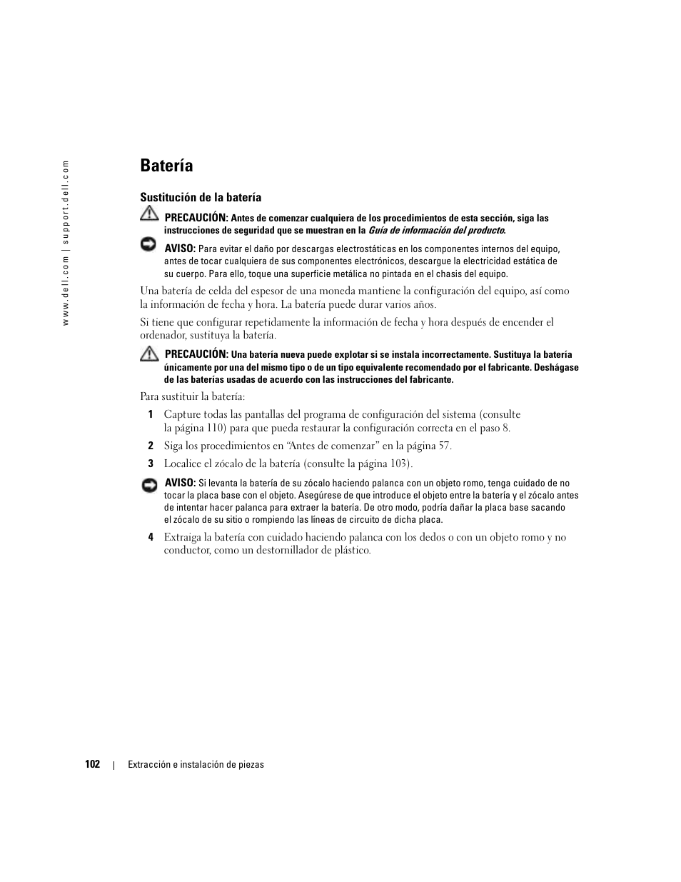 Batería, Sustitución de la batería | Dell Dimension 5000 User Manual | Page 102 / 144