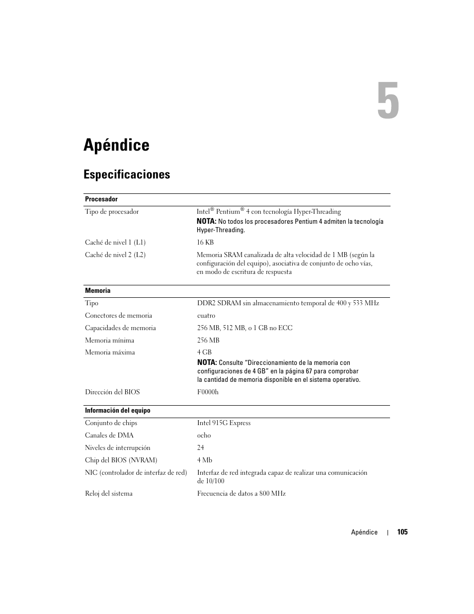 Apéndice, Especificaciones, 5 apéndice | Dell Dimension 5000 User Manual | Page 105 / 144