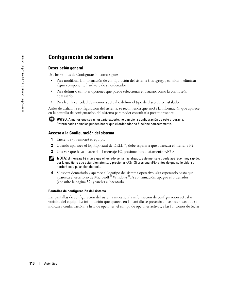 Configuración del sistema, Descripción general, Acceso a la configuración del sistema | Dell Dimension 5000 User Manual | Page 110 / 144