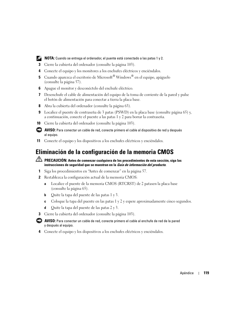 Eliminación de la configuración de la memoria cmos | Dell Dimension 5000 User Manual | Page 119 / 144