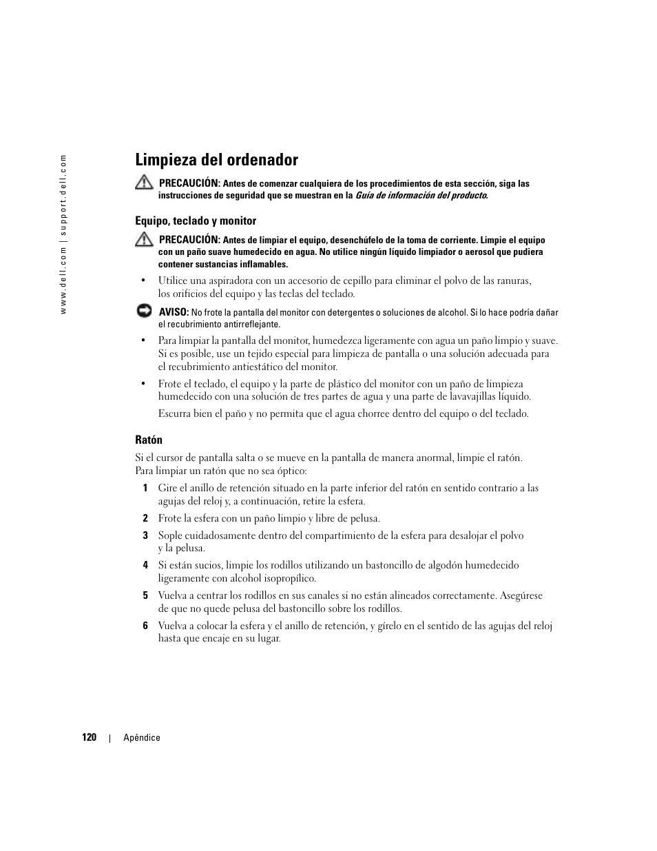 Limpieza del ordenador, Equipo, teclado y monitor, Ratón | Dell Dimension 5000 User Manual | Page 120 / 144