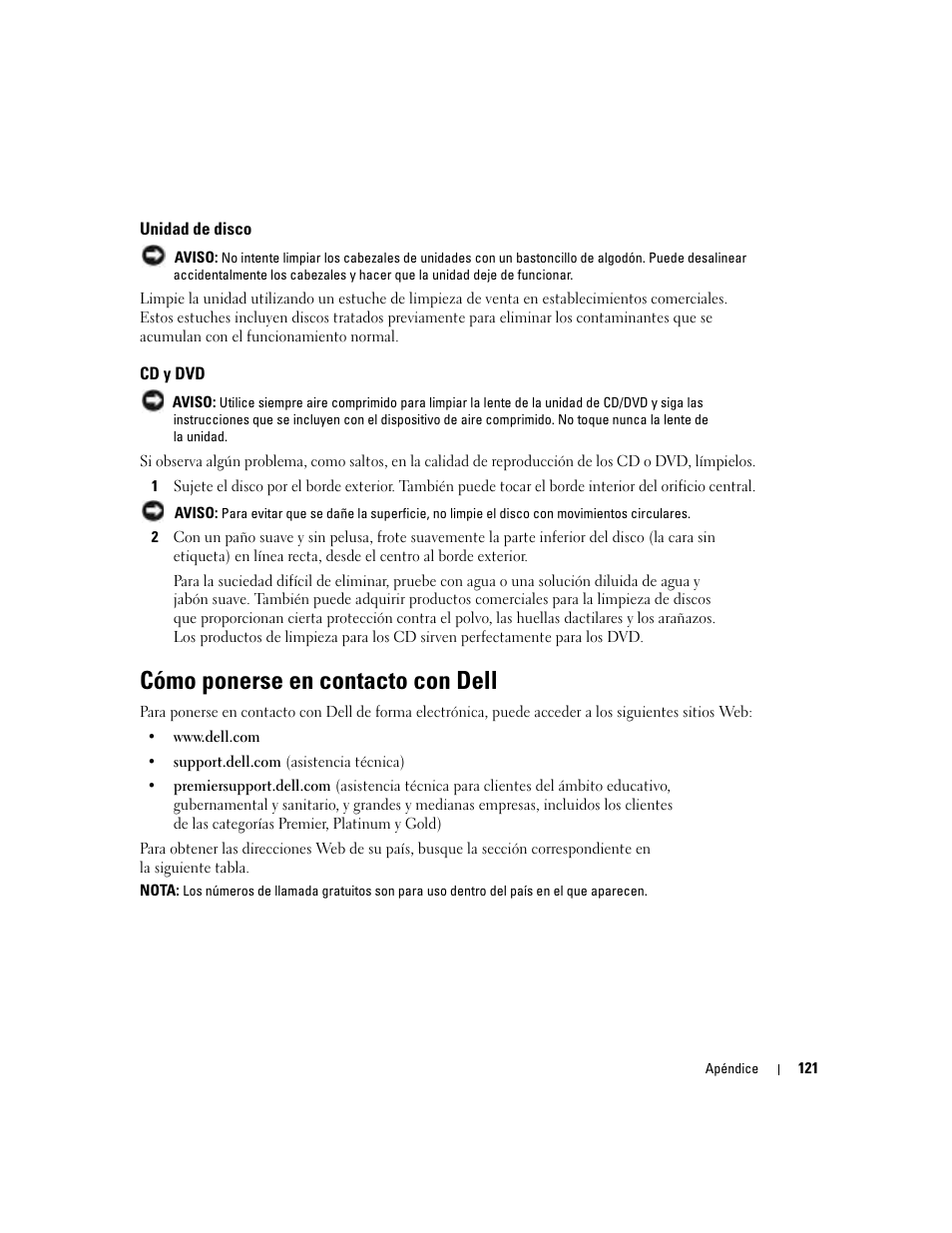 Unidad de disco, Cd y dvd, Cómo ponerse en contacto con dell | Dell Dimension 5000 User Manual | Page 121 / 144
