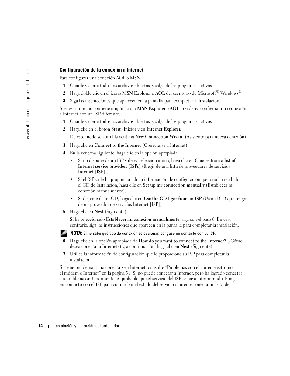 Configuración de la conexión a internet | Dell Dimension 5000 User Manual | Page 14 / 144