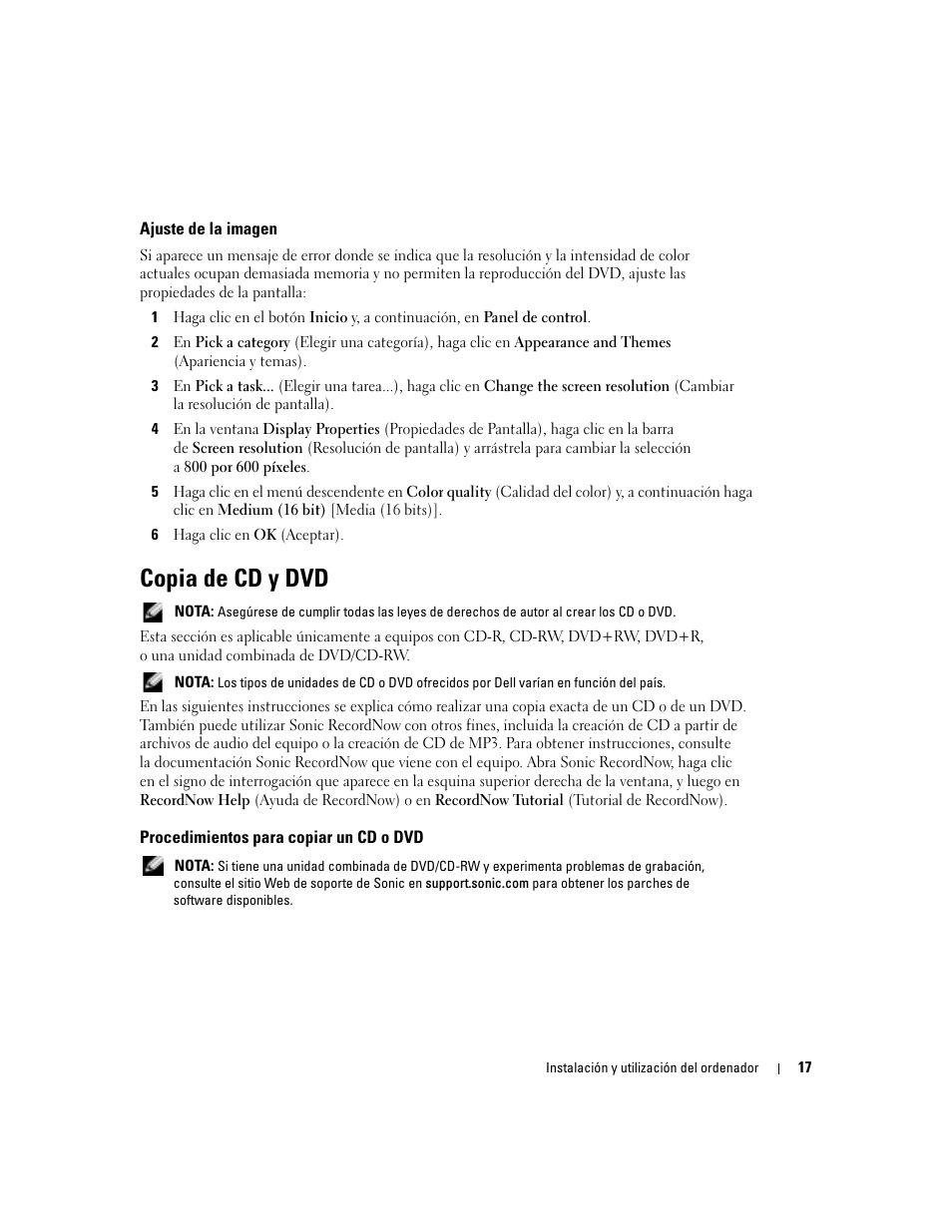 Ajuste de la imagen, Copia de cd y dvd, Procedimientos para copiar un cd o dvd | Dell Dimension 5000 User Manual | Page 17 / 144