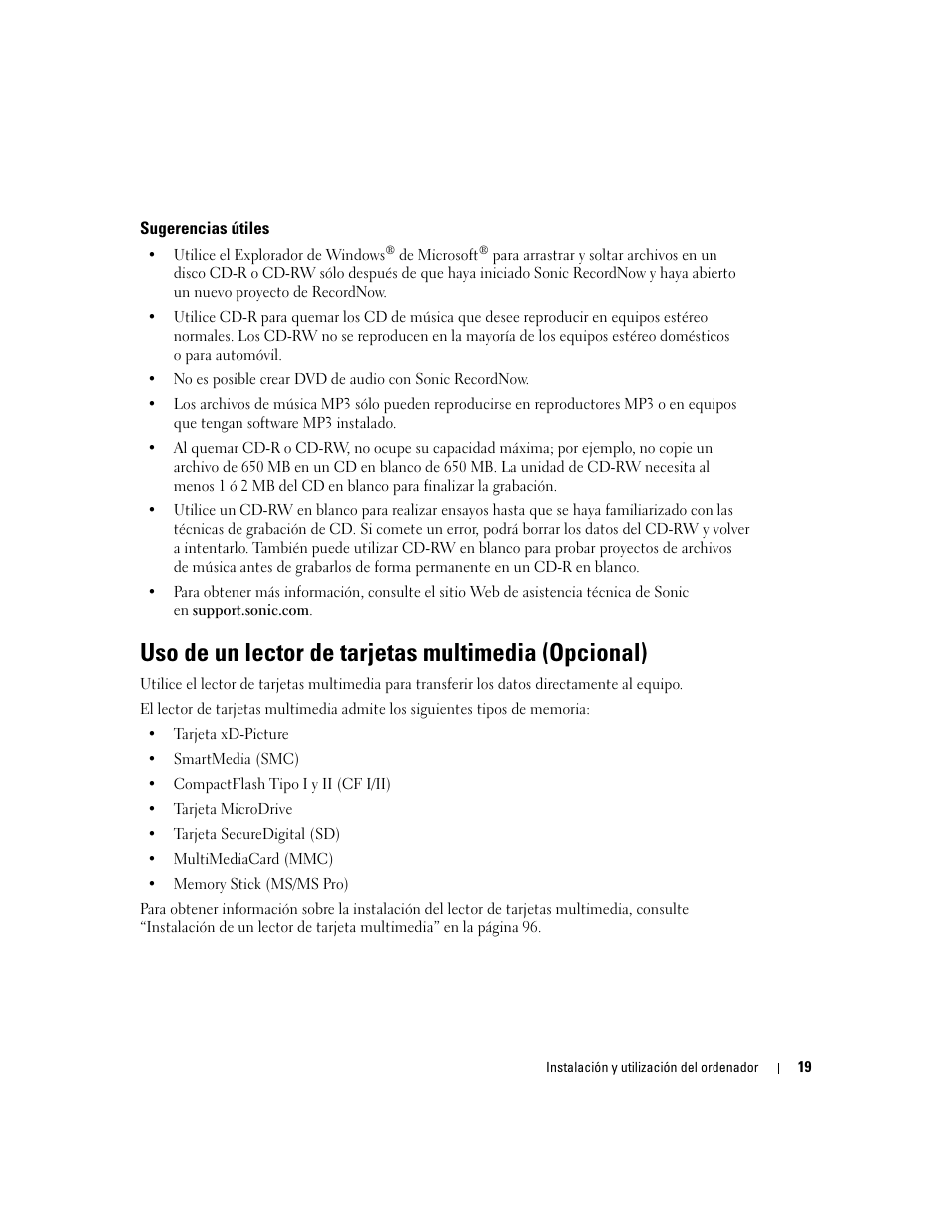 Sugerencias útiles, Uso de un lector de tarjetas multimedia (opcional) | Dell Dimension 5000 User Manual | Page 19 / 144