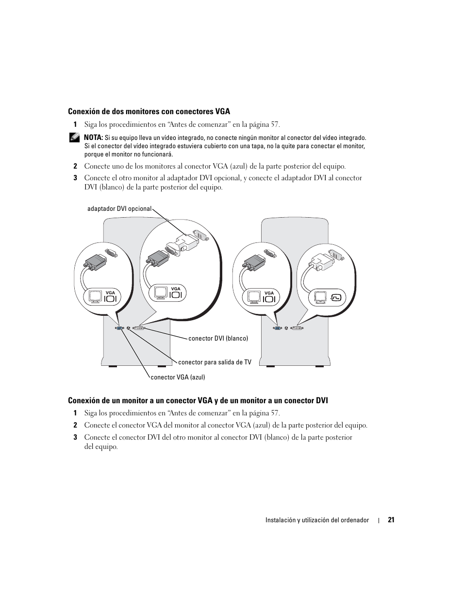 Conexión de dos monitores con conectores vga | Dell Dimension 5000 User Manual | Page 21 / 144