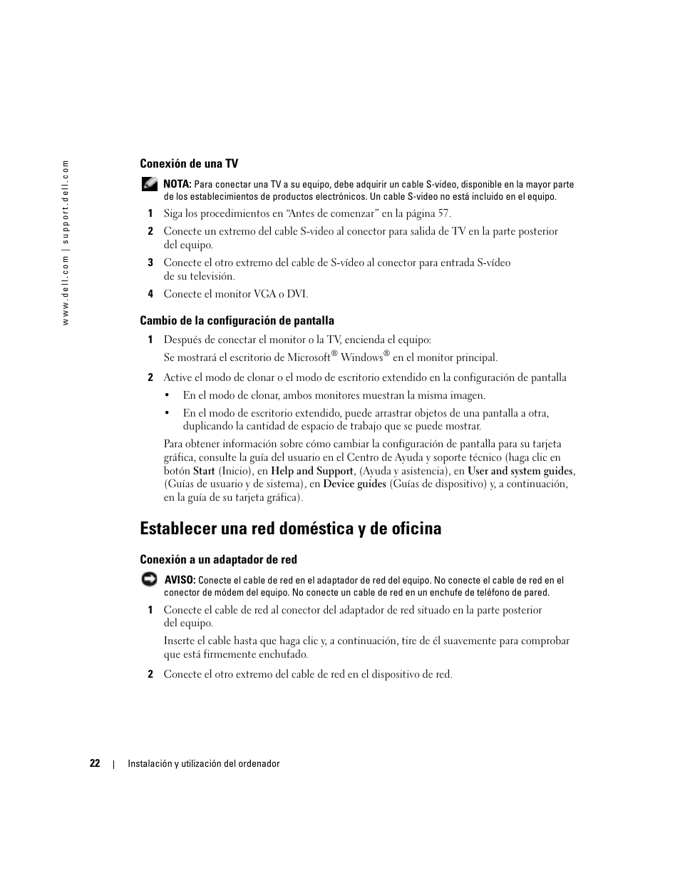 Conexión de una tv, Cambio de la configuración de pantalla, Establecer una red doméstica y de oficina | Conexión a un adaptador de red | Dell Dimension 5000 User Manual | Page 22 / 144