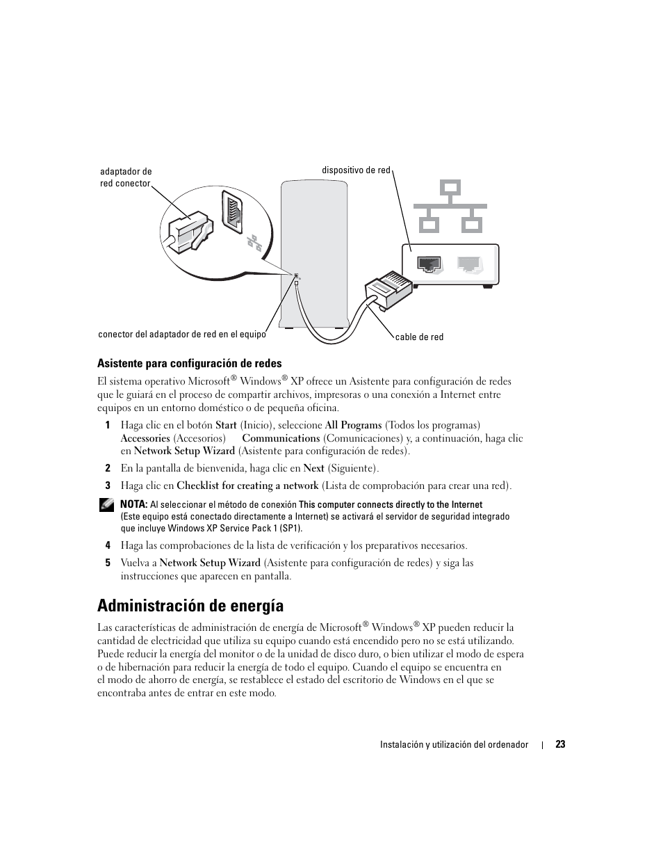 Asistente para configuración de redes, Administración de energía | Dell Dimension 5000 User Manual | Page 23 / 144