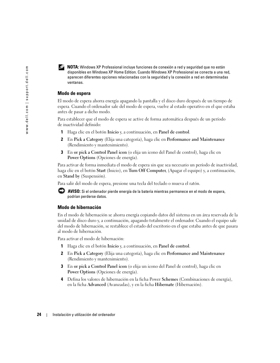 Modo de espera, Modo de hibernación | Dell Dimension 5000 User Manual | Page 24 / 144