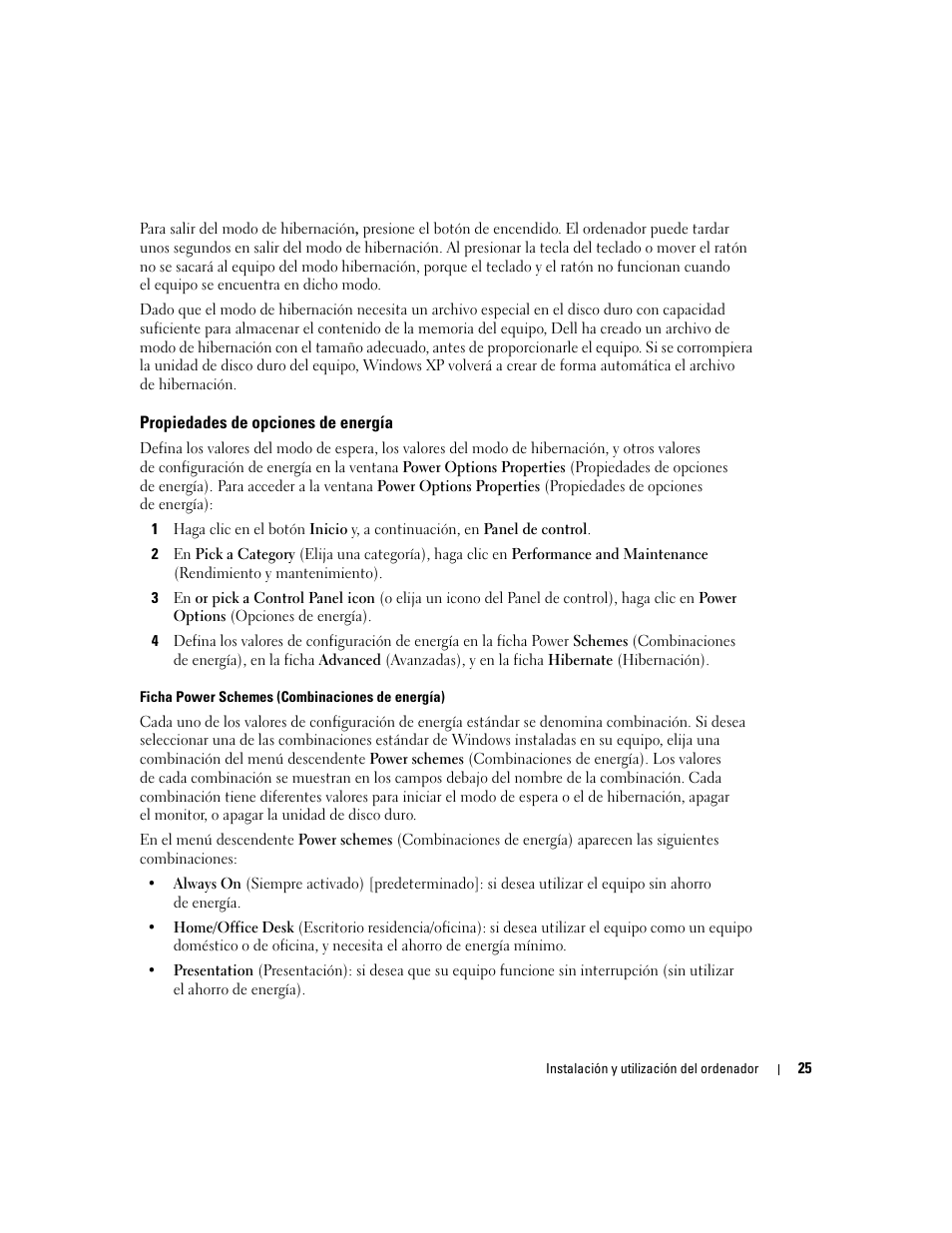 Propiedades de opciones de energía | Dell Dimension 5000 User Manual | Page 25 / 144