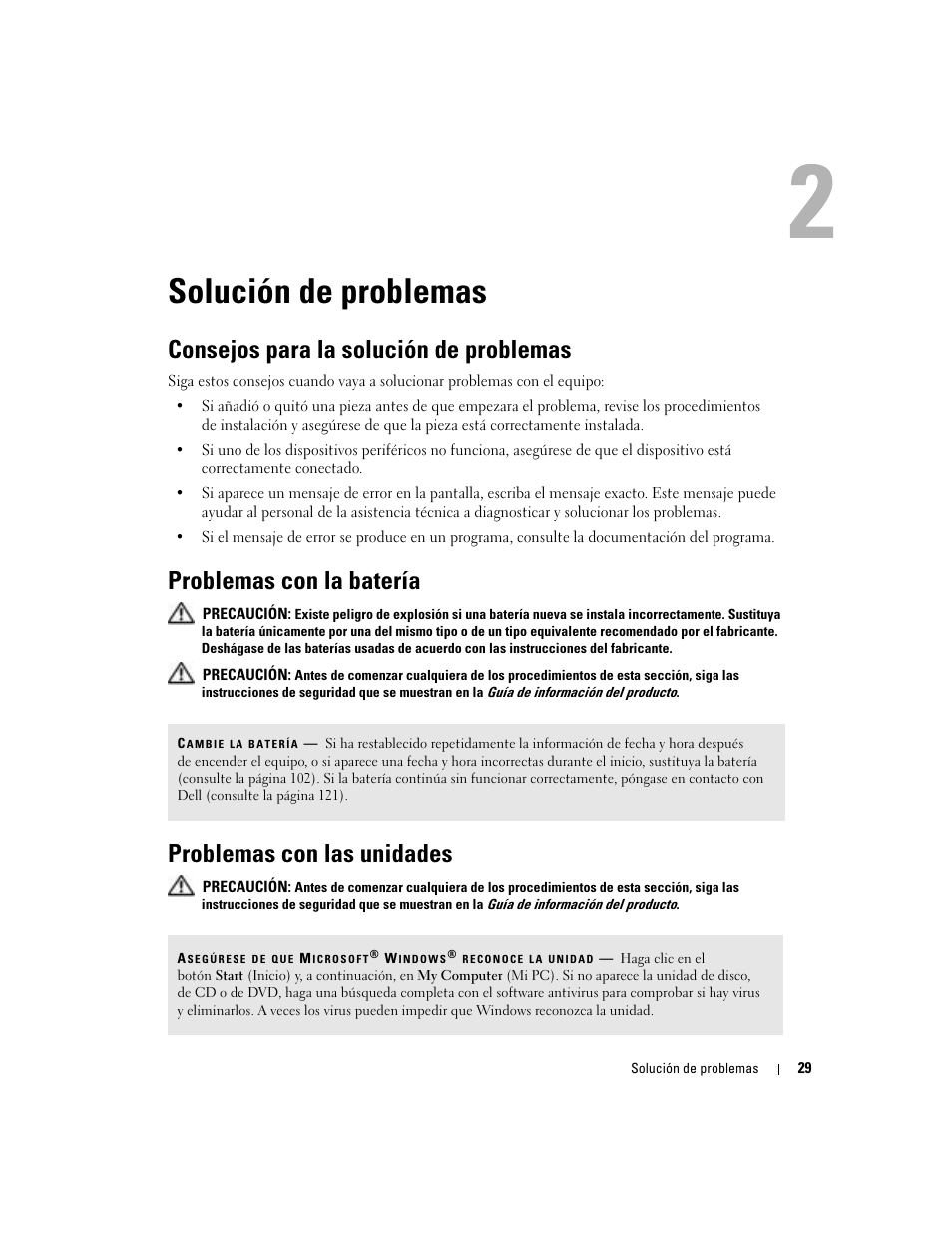 Solución de problemas, Consejos para la solución de problemas, Problemas con la batería | Problemas con las unidades, 2 solución de problemas | Dell Dimension 5000 User Manual | Page 29 / 144