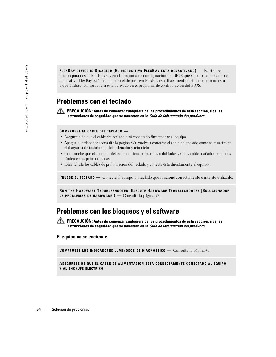 Problemas con el teclado, Problemas con los bloqueos y el software, El equipo no se enciende | Dell Dimension 5000 User Manual | Page 34 / 144